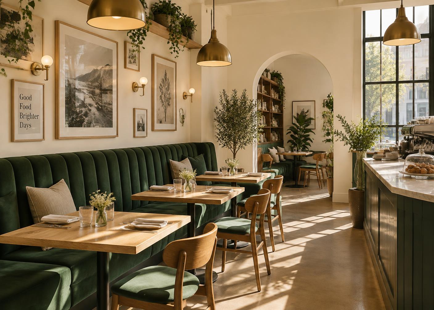 Warm, plant-filled dining room with green banquettes at Markhor Gourmet